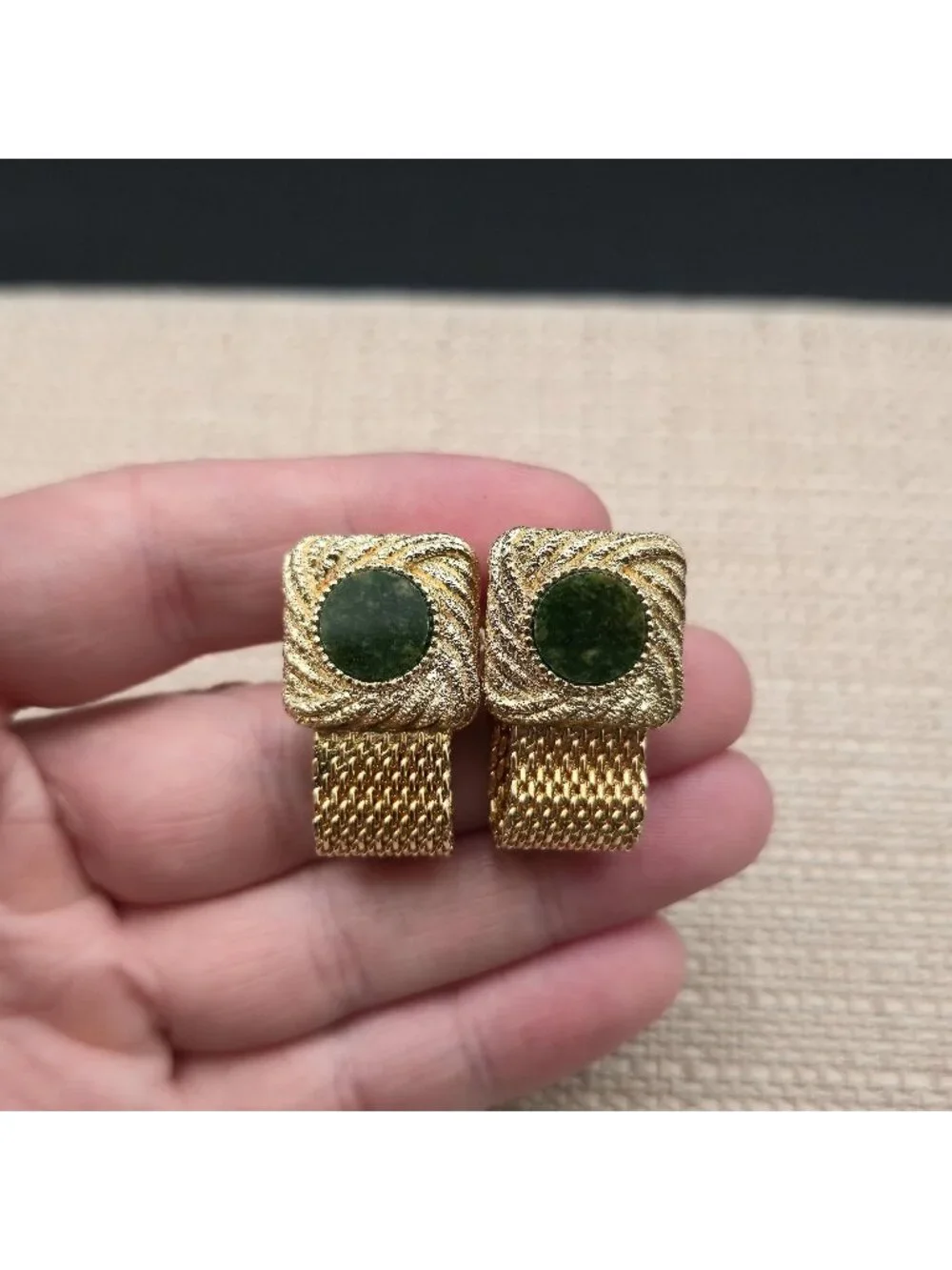 Vintage Mesh Wrap Cufflinks, Faux Jade Green Stone Square Men's Gift A8139